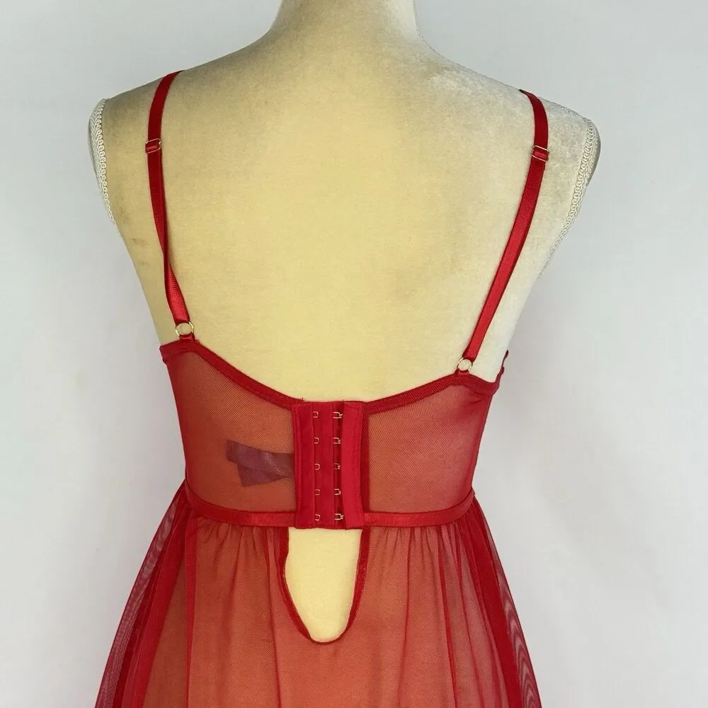 Daisy Fuentes Babydoll Red Chiffon Lace Size M Lingerie Festival Slip Dress Sexy